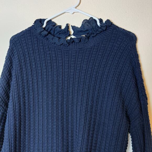 Lilla P Ruffle Eyelet Collar Stretchy Knit Cotton Sweater XS Navy Blue Preppy - Picture 3 of 10